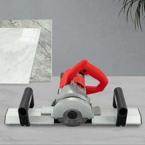 Pro Grade Electric Tile Chamfering Tool For Precise 43 Degree Bevel Cuts With 1200W Motor and ceramic tile background.