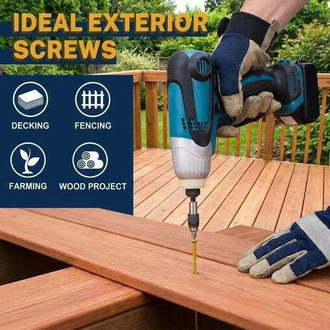 Heavy Duty Number 8 X 1-1/4 Exterior Deck Screws With Tan Epoxy Coating And T25 Star Bit being used on a wooden deck.