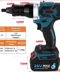 Beast Mode Cordless Rivet Gun With Fast Charge Battery for metal work, showing dimensions and design with a lithium battery.