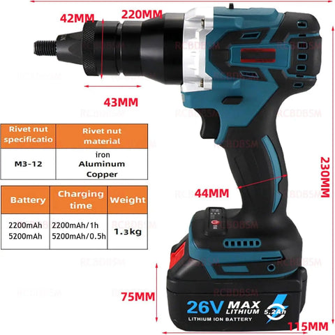 Beast Mode Cordless Rivet Gun With Fast Charge Battery for metal work, showing dimensions and design with a lithium battery.