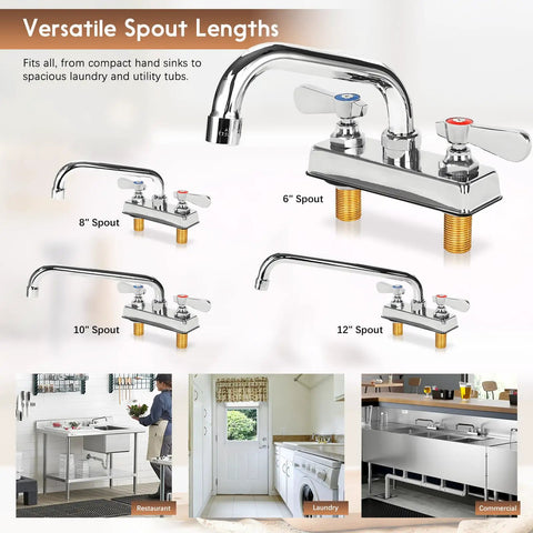 Leak-Free 6-Inch Swivel Bar Sink Faucet With Ceramic Valve Cartridge shown with versatile spout lengths for various utility sinks.