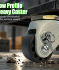 Rock Solid 2 Inch Heavy Duty Leveling Casters Set Of 4 With 4000 Lb Capacity reinforced steel stem wheels for shop carts, close-up of low profile caster.