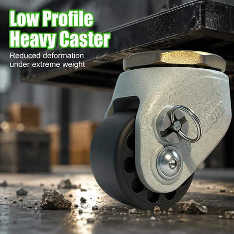 Rock Solid 2 Inch Heavy Duty Leveling Casters Set Of 4 With 4000 Lb Capacity reinforced steel stem wheels for shop carts, close-up of low profile caster.