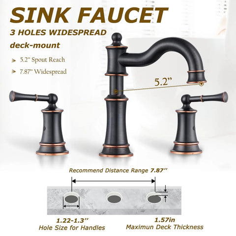 Roman Bathroom Sink Faucet Dope Deck Or Wall Mount With Pop Up Drain Assembly Overflow Deck Plate And Water Supply Lines Included 3 Hole Deck Mount Oil Rubbed Bronze Solid Brass Construction Brushed Finish Sleek Modern Look diagram