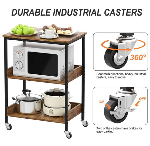 Slick Three Tier Rolling Kitchen Microwave Cart Featuring Rugged Steel Frame For Hella Spacious Storage And Smooth Mobile Coffee Bar Or Living Room Side Table Platform with industrial casters.