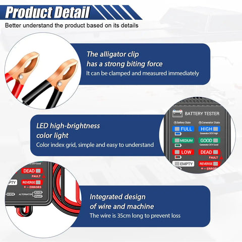 12V Car Battery Tester and Alternator Charging System Analyzer With Real Time Voltage Battery Health Check And DIY Friendly Electrical Diagnostic Tool For Quick Easy Vehicle Power Troubleshooting, LED display and alligator clips