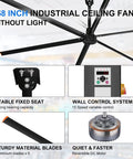 Straight Up Heavy Duty 14 Foot Commercial HVLS Industrial Ceiling Fan With Six Sturdy Aluminum Blades Packing Serious Airflow To Keep Warehouses Shops And Barns Chillin Season Long showing stable seat, wall control, and aluminum blades.