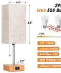 Set Of 2 Bedside Table Lamps With USB Charging Port And AC Outlet, linen shade, E26 bulb included, pull chain, dimensions shown