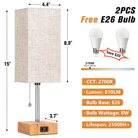 Set Of 2 Bedside Table Lamps With USB Charging Port And AC Outlet, linen shade, E26 bulb included, pull chain, dimensions shown