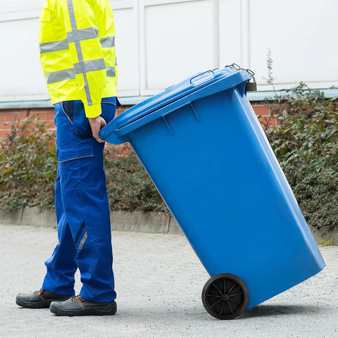 Person using Garbage Can Wheels Replacement With Metal Hollow Shaft And Small Rubber Wheels 19.68 X 7.28 X 3.93 Inches on blue bin