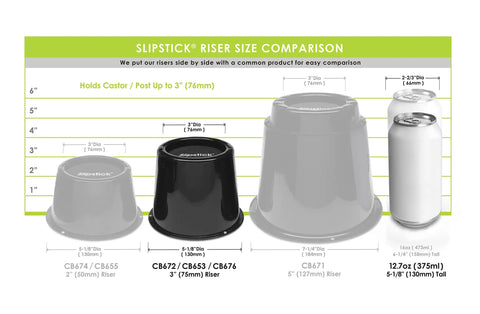 Size comparison of 3 inch Slipstick bed riser with other risers and a soda can