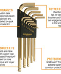 Long Arm Balldriver L Wrench Set 13 Piece With GoldGuard Finish Inch Sizes 0.050 To Three Eighths Ball End Hex Keys in holder