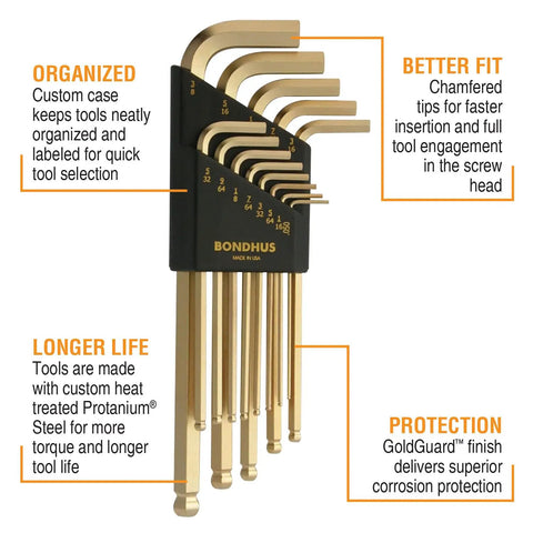 Long Arm Balldriver L Wrench Set 13 Piece With GoldGuard Finish Inch Sizes 0.050 To Three Eighths Ball End Hex Keys in holder