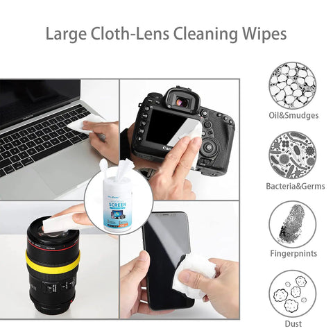 Premoistened Screen Cleaning Wipes For Electronics And Devices No Mess Easy Cleanup Perfect For Monitors Laptops TVs Phones Tablets LCD Screens Glasses Soft Microfiber Cloth Included Gentle Non Abrasive Formula For Smudge Fingerprints Dust Removal used on various devices