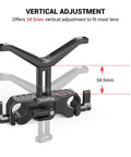 Vertical adjustment feature of 15mm Long Lens Support Bracket Height Adjustable For DSLR Shoulder Rig Built For Long Lenses And 15mm Rod Systems Stabilizes Shots With Vibration Free Performance Y Shaped Mount Attaches To Rod Clamp For A Steady Handheld Setup