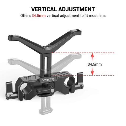 Vertical adjustment feature of 15mm Long Lens Support Bracket Height Adjustable For DSLR Shoulder Rig Built For Long Lenses And 15mm Rod Systems Stabilizes Shots With Vibration Free Performance Y Shaped Mount Attaches To Rod Clamp For A Steady Handheld Setup