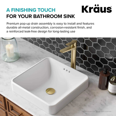 Modern bathroom sink with brushed gold pop up drain with overflow for bathroom sinks, all metal construction, marble surface