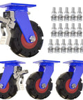 Heavy Duty Industrial Swivel Casters Set Of 4 Featuring 6 Inch Solid Rubber Treads With Rock Solid Double Lock Brakes, close-up view.