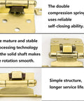 Brushed Brass Face Mount Self Closing Kitchen Cabinet Hinges, close-up showing spring mechanism and hinge stability features