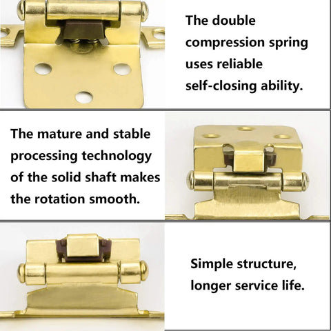 Close-up of brushed brass overlay cabinet hinges with self-closing feature and smooth rotation for durable use.