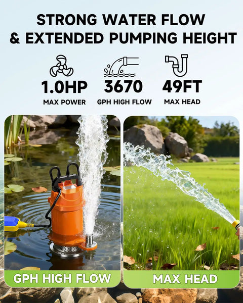 1HP Submersible Drain Pump With Float Switch Aluminum Sump Pump For Basement Flooding and Yard Water Removal in action