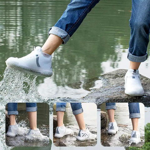 Person wearing waterproof silicone shoe covers stepping on wet rocks and splashing water, showcasing non-slip sole and durability.