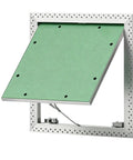 Rock Solid Aluminum Drywall Access Panel With Paintable Push Latch Cover For Ceilings in a silver frame with a green panel.