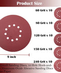50 Piece 9 Inch Hook And Loop Sanding Discs Set For Drywall Sander 10 Hole Includes 60 80 120 150 240 Grits Aluminum Oxide Blend