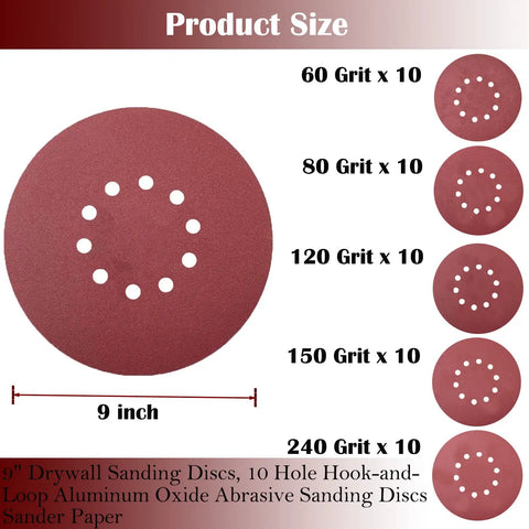 50 Piece 9 Inch Hook And Loop Sanding Discs Set For Drywall Sander 10 Hole Includes 60 80 120 150 240 Grits Aluminum Oxide Blend