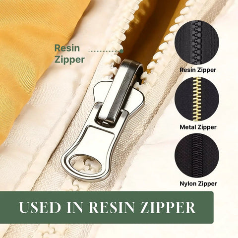 Heavy Duty Beefed Up Zipper Repair Kit With Three Size Double Sided Sliders And Pulls For Jackets Luggage And Outdoor Gear No Sew Quick Fix Durable Resin Replacement For Bags, close-up of resin zipper with slider