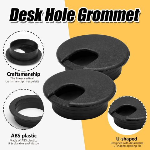 2 Inch Black Desk Grommet Cable Hole Cover for Easy Cable Management on Home Office Desks TV Stands and Tabletops plastic with detachable U shaped lid 2 pack for quick clean wire organization, focusing on craftsmanship and material.