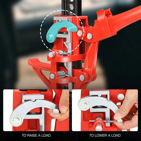 DNA Motoring 48'' 3-ton farm jack, red body with teal release lever and steel hardware.