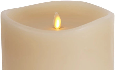 Close-up of Ivory Grand Pillar Flameless LED Candle With Moving Flame, Battery Powered Real Wax, 6.25 Inch By 10.6 Inch, Timer Enabled