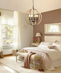 Six Light Orb Farmhouse Chandelier In Brown Wood Globe Handcrafted Solid Wood Light Fixture For Your Dining Room