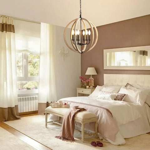 Six Light Orb Farmhouse Chandelier In Brown Wood Globe Handcrafted Solid Wood Light Fixture For Your Dining Room