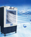 Portable Evaporative Swamp Cooler With Three Speed Fan And High Velocity Outdoor Cooling Pad, dark blue, ice effect.