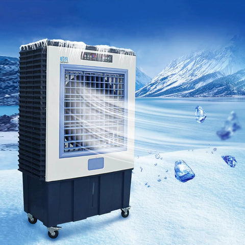Portable Evaporative Swamp Cooler With Three Speed Fan And High Velocity Outdoor Cooling Pad, dark blue, ice effect.