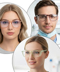 Kickass 4 Pack Clear Safety Glasses With Anti Fog Lens Guard Scratch Resistant Build And Full Wrap Side Shields For Nurses Lab Techs And Outdoor Enthusiasts worn by three individuals, showcasing clear lenses and various frames.