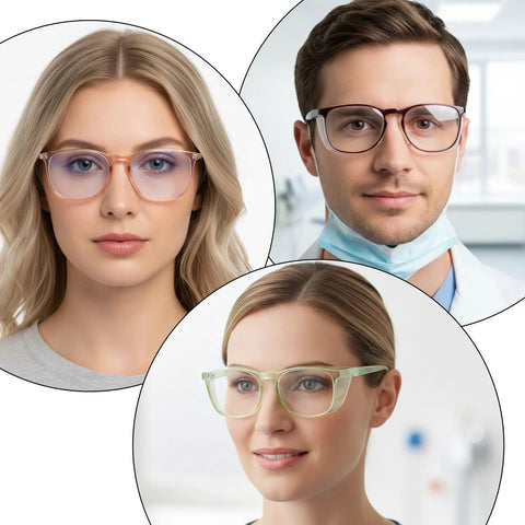 Kickass 4 Pack Clear Safety Glasses With Anti Fog Lens Guard Scratch Resistant Build And Full Wrap Side Shields For Nurses Lab Techs And Outdoor Enthusiasts worn by three individuals, showcasing clear lenses and various frames.