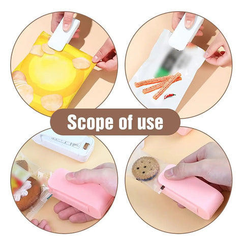 Slick Handheld Mini Bag Sealer And Quick Cutter Portable Heat Resealer Machine For Food Storage And Snack Packing in use.