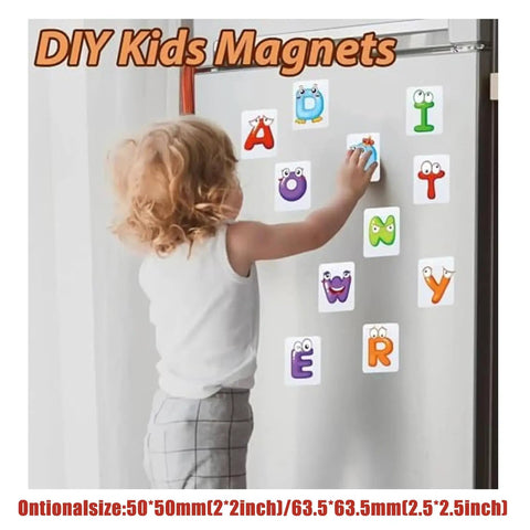 DIY Photo Fridge Magnet Supplies Kit, Square Magnetic Maker Set with colorful letter magnets on fridge