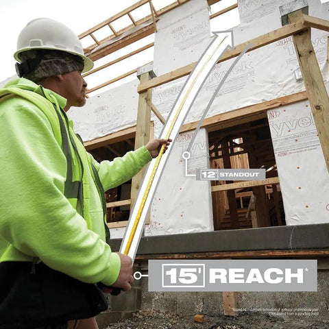 Construction worker using 16 Foot Tape Measure With Half Inch Wide Steel Blade In A Rugged ABS Case Impact Resistant And Compact