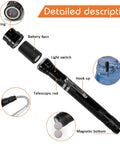 Detailed view of extendable magnetic flashlight tool parts and features.