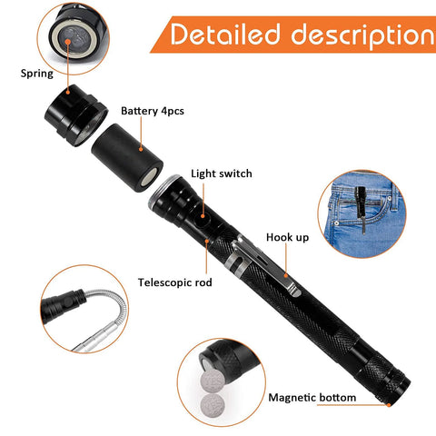 Detailed view of extendable magnetic flashlight tool parts and features.