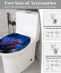 Tropical Beach Thatched Roof Umbrella Pattern Elongated Resin Toilet Seat With Butter Smooth Soft Close Lid Quick Release Hinges Bottom Mount For American Standard Toilets Easy Peasy Wipe Down installed on a modern toilet.