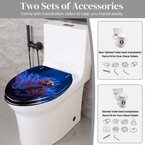 Tropical Beach Thatched Roof Umbrella Pattern Elongated Resin Toilet Seat With Butter Smooth Soft Close Lid Quick Release Hinges Bottom Mount For American Standard Toilets Easy Peasy Wipe Down installed on a modern toilet.