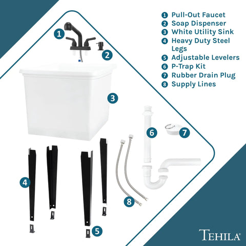 Diagram of Must Have Space Saving Utility Sink Kit With White 16 Gallon Thermoplastic Tub Black Pull Out Faucet Soap Dispenser Metal Legs 20 In Supply Lines P Trap Kit And Drain Plug.