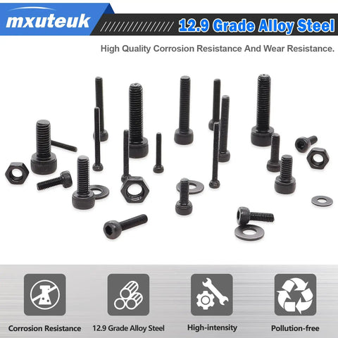 Metric Screw Assortment Kit With Lock And Flat Washers For M3 M4 M5 M6 Hex Socket Head Cap Screws 12.9 Carbon Steel Bolts Nuts Set