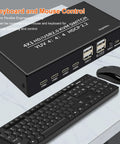 Hassle Free 4 Port KVM Switch With 4K 60Hz Video Sharing And Dual Computer Control, showing USB ports and keyboard connection.