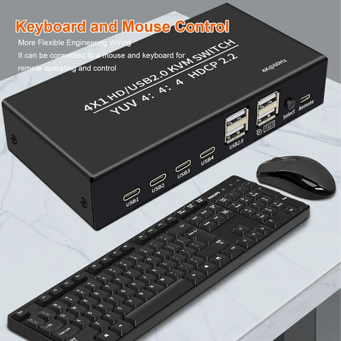 Hassle Free 4 Port KVM Switch With 4K 60Hz Video Sharing And Dual Computer Control, showing USB ports and keyboard connection.